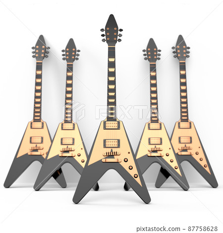 Set of electric acoustic guitar isolated on white background. 3d render of concept for rock festival poster with heavy metal guitar for music shop Set of electric acoustic guitar isolated on white background. 3d render of concept for rock festival poster with heavy metal guitar for music shop 87758628