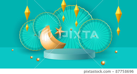 3d illustration of classic turquoise muslim islamic festival product display background with crescent moon and islamic decorations. Vector 87758696