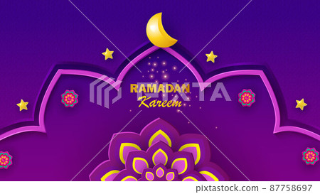 Islamic greetings ramadan kareem card design template background with beautiful arabesques,stars and crescent moon. Vector 87758697