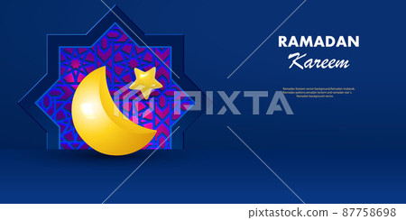 Islamic greetings ramadan kareem card design template background with beautiful arabesques, patterns and crescent moon. Vector 87758698