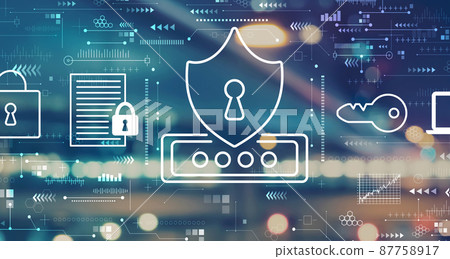 Cyber security theme with blurred city lights Cyber security theme with blurred city lights 87758917