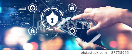 Cyber security theme with city lights at night Cyber security theme with city lights at night 87758963