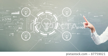 Idea light bulb theme with hand pressing a button Idea light bulb theme with hand pressing a button 87759021