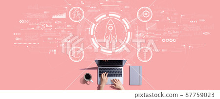 Rapid growth concept with person working with laptop Rapid growth concept with person working with laptop 87759023