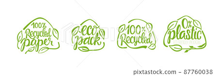 Recycled paper, plastic - eco packaging lettering set. Vector stock illustration isolated on white background for label, wrapping, package. Stickers for bottle, shopping bag. EPS10 87760038