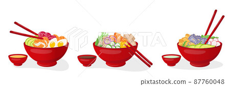 Vegetable and seafood poke bowls set with chopsticks . Vector stock illustration isolated on white background for salad bar menu fast food restaurant with healthy, bio, organic meals. EPS10 Vegetable and seafood poke bowls set with chopsticks . Vector stock illustration isolated on white background for salad bar menu fast food restaurant with healthy, bio, organic meals. EPS10 87760048