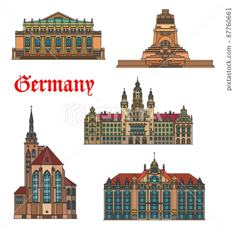 Germany buildings, Stuttgart and Leipzig architecture, travel vector landmarks. Battle of Nations Monument or Volkerschlachtdenkmal, Stuttgart Staatsoper opera house and Collegiate Church Stiftskirche Germany buildings, Stuttgart and Leipzig architecture, travel vector landmarks. Battle of Nations Monument or Volkerschlachtdenkmal, Stuttgart Staatsoper opera house and Collegiate Church Stiftskirche 87760661