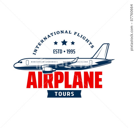 Airplane tours, airline travel icon. Vacation tours aircraft flight, aviation tourism vector symbol, retro icon with passenger airliner, plane side view silhouette and typography Airplane tours, airline travel icon. Vacation tours aircraft flight, aviation tourism vector symbol, retro icon with passenger airliner, plane side view silhouette and typography 87760664