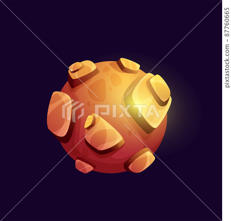 Galaxy space planet with volcano, mountains. Game UI fantasy planet icon with golden or shiny metal surface, stones and cliffs. Alien galaxy inhabitable world or moon satellite 87760665