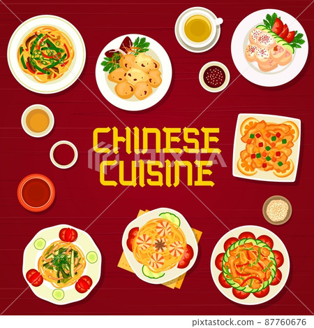 Chinese cuisine food menu cover, China restaurant dishes and meals for dinner and lunch, vector. Chinese traditional egg noodles ramen with chicken and pork, seafood shrimps and lamb meat on table 87760676
