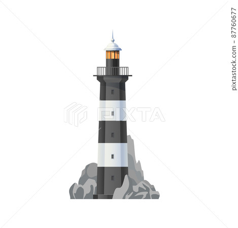 Sea lighthouse icon. Coastal beacon building on rocky seaside. Nautical lighthouse lantern, navigation safety or tourism symbol vector lighthouse tower with white and black strips Sea lighthouse icon. Coastal beacon building on rocky seaside. Nautical lighthouse lantern, navigation safety or tourism symbol vector lighthouse tower with white and black strips 87760677