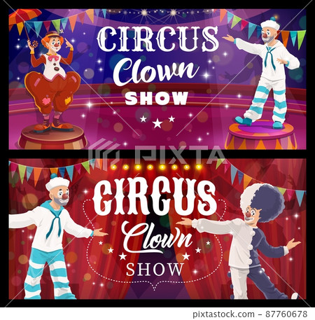 Shapito circus clown cartoon vector characters performing comedy show on stage of amusement park or funfair. Funny jester or comic entertainer with wigs, red noses and umbrella, lights and flags 87760678