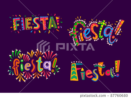 Fiesta party. Mexican, Spanish and Latin holiday carnival vector banner. Fiesta lettering of bright color letters with ethnic mexican ornaments, colorful geometric letters and confetti 87760680