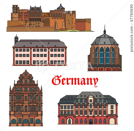 Germany architecture, Heidelberg churches and castles, architecture and travel vector landmarks. German Wurttemberg Heiliggeistkirche, Haus zum Ritter, Schlossberg castle and Ruprecht Karl University 87760690