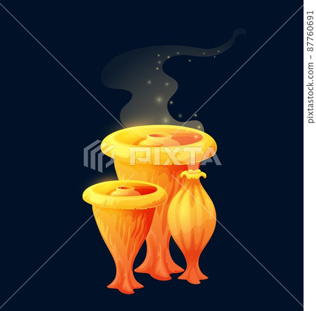 Fantasy magic toxic mushroom. Magic mushroom, cartoon fairy organism game user interface vector icon. Fantasy, alien flora or fauna yellow fungi producing spores, blowing smoke Fantasy magic toxic mushroom. Magic mushroom, cartoon fairy organism game user interface vector icon. Fantasy, alien flora or fauna yellow fungi producing spores, blowing smoke 87760691