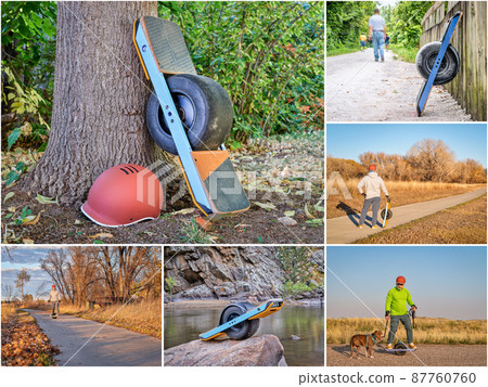 riding one wheeled electric skateboard on bike trails 87760760