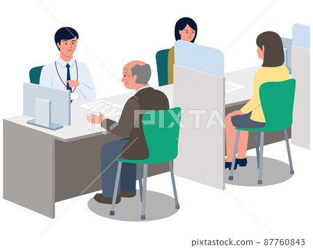 Vector illustration of elderly job seekers looking for a job with Hello Work and staff at the counter 87760843