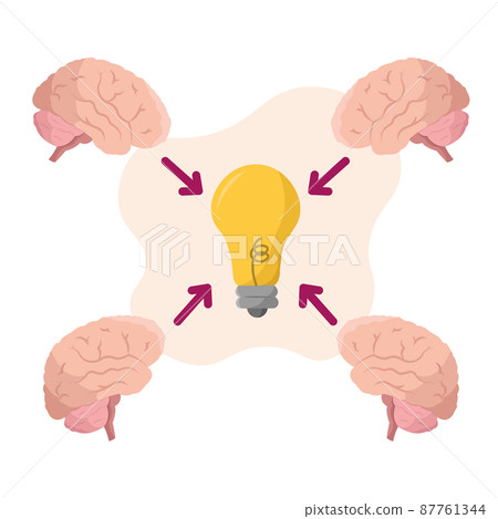 Group of brain icons around a lightbulb Business teamwork concept Vector 87761344