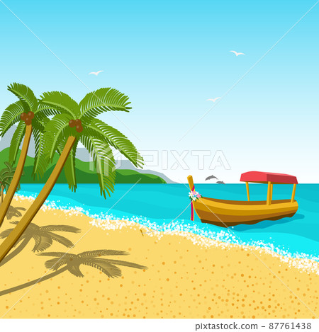 Boat landscape long tail flower ribbon on its nose tropical coast. Summer seascape dolphins horizon. Wild sea beach palm gold sand. Design banner web card invitation postcard hotel paradise vacation 87761438