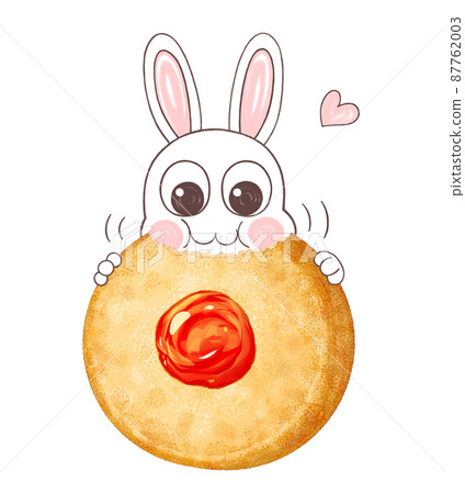 Illustration of a rabbit eating a die-cut cookie with a red drain cherry Illustration of a rabbit eating a die-cut cookie with a red drain cherry 87762003
