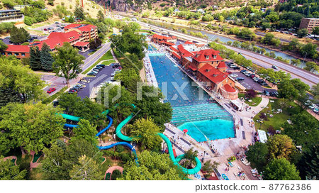 Hot spring in colorado next to river 87762386