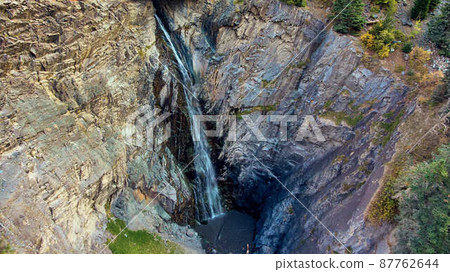 Waterfall pouring into small pond along cliff edge Waterfall pouring into small pond along cliff edge 87762644