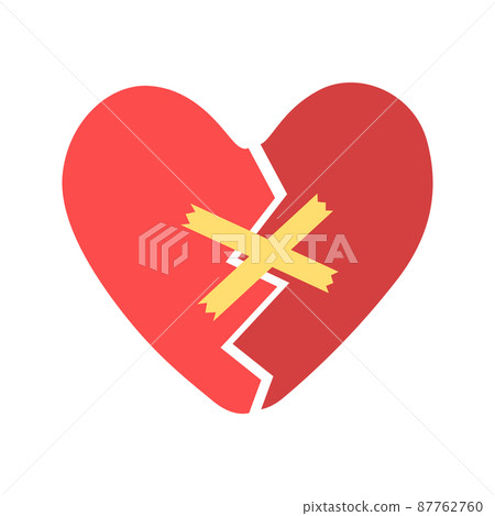 Red heart, torn into 2 parts and glued with patch. Concept of broken love, sad end of relationship, lack of care and help. Vector flat illustration 87762760