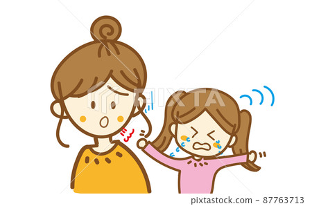 一位母親在孩子的女兒的不愉快時期感到疲倦和嘆息的插圖、育兒和育兒 87763713