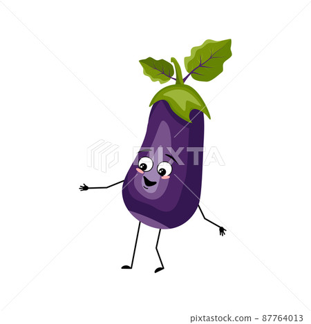 Eggplant character with happy emotion, joyful face, smile eyes, arms and legs. Person with expression, vegetable emoticon. Vector flat illustration 87764013