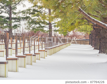 Overcast view of a snowy garden of Oklahoma City National Memorial and Museum 87764226
