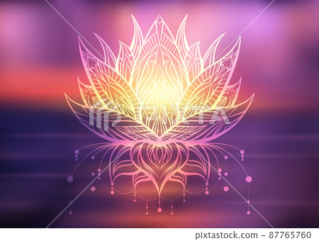 Vector boho lotus with ornate decorations on blur ocean sunset background. Water flower with tribal ornament on sunrise. Vector boho lotus with ornate decorations on blur ocean sunset background. Water flower with tribal ornament on sunrise. 87765760