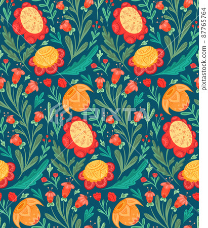 Seamless vector pattern with flowers with folk ornaments on blue background. Texture with floral arrangement 87765764
