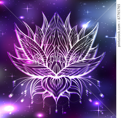 Vector boho lotus with ornate decorations in cosmos. Neon water flower with tribal ornament on space background. Natural sacred symbol Vector boho lotus with ornate decorations in cosmos. Neon water flower with tribal ornament on space background. Natural sacred symbol 87765765