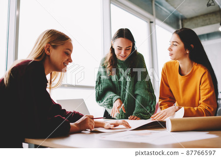Group of young women cooperating during work Group of young women cooperating during work 87766597