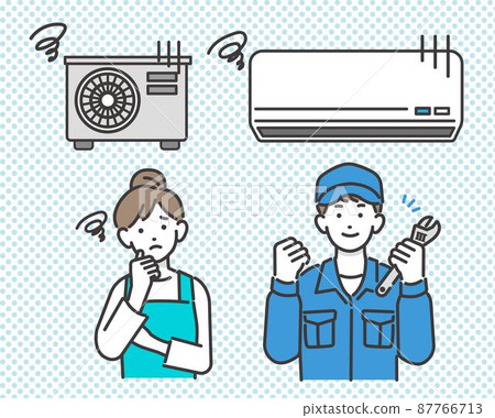 Vector illustration material / air conditioner / summer of a housewife and an electrician worker who are in trouble because the cooler (air conditioner) is broken 87766713