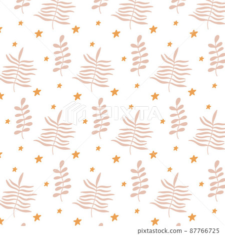 Vector seamless pattern with pastel leaves in boho style. Children's hand-drawn pattern with leaves and stars. Children's boho style. Vector seamless pattern with pastel leaves in boho style. Children's hand-drawn pattern with leaves and stars. Children's boho style. 87766725