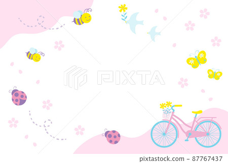 Spring icon background illustration (cherry blossoms, bicycles, ladybugs, bees, butterflies, birds) 87767437