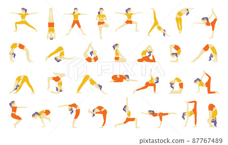 Collection of yoga poses. Illustrations of a girl doing yoga and stretching in a flat style. Collection of yoga poses. Illustrations of a girl doing yoga and stretching in a flat style. 87767489