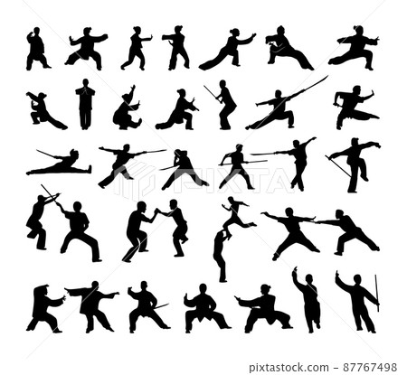 Collection of black silhouettes of wushu athletes. Character shadow illustrations. 87767498