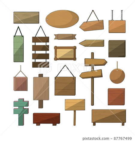 Collection of wooden banners, road signs, wall signboards. Wooden stands for any information. 87767499