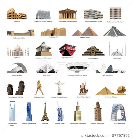 Vector collection of realistic wonders of the world and landmarks of different countries. 87767501