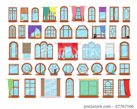 Vector collection of colorful windows in flat style. Objects for creating an interior. 87767506
