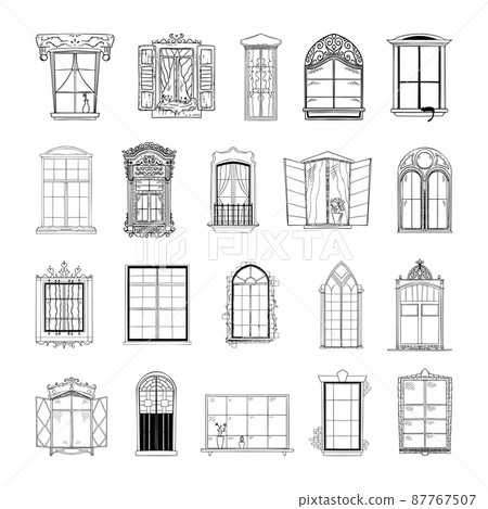 Collection of monochrome illustrations of windows in sketch style. Hand drawings in art ink style. Black and white graphics. 87767507