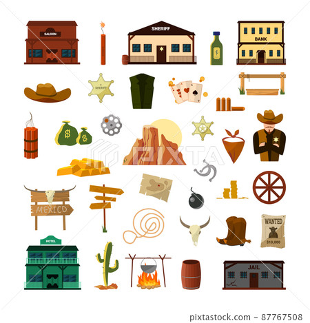 Wild west attributes. American western colorful illustration. 87767508