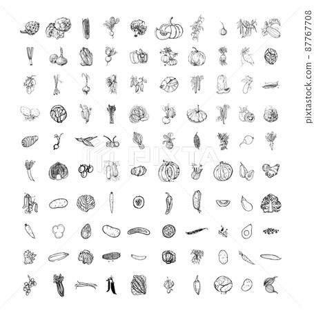 Collection of monochrome illustrations with vegetables in sketch style. Hand drawings in art ink style. Black and white graphics. 87767708