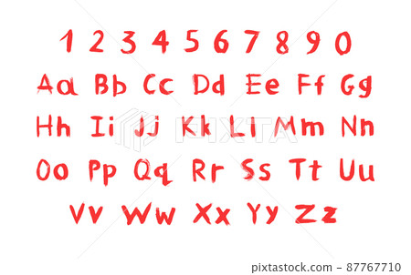 Vector set of textured and grunge letters, numbers and punctuation marks for your font. Alphabet with exclamation and question mark, plus, minus, colon, point, comma and other signs. Handwritten ABC. Vector set of textured and grunge letters, numbers and punctuation marks for your font. Alphabet with exclamation and question mark, plus, minus, colon, point, comma and other signs. Handwritten ABC. 87767710