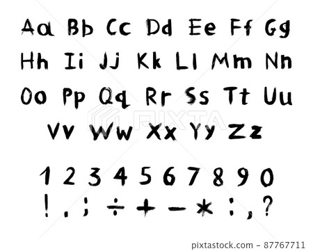 Vector set of textured and grunge letters, numbers and punctuation marks for your font. Alphabet with exclamation and question mark, plus, minus, colon, point, comma and other signs. Handwritten ABC. 87767711