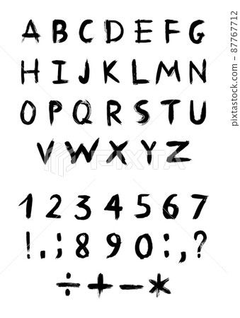Vector set of textured and grunge letters, numbers and punctuation marks for your font. Alphabet with exclamation and question mark, plus, minus, colon, point, comma and other signs. Handwritten ABC. Vector set of textured and grunge letters, numbers and punctuation marks for your font. Alphabet with exclamation and question mark, plus, minus, colon, point, comma and other signs. Handwritten ABC. 87767712