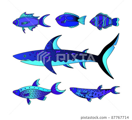 Vector collection of illustration of sea and water fishes. Modern templates with neon and outline elements. Vector collection of illustration of sea and water fishes. Modern templates with neon and outline elements. 87767714
