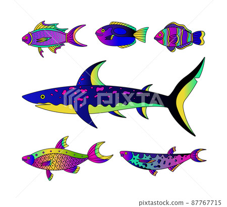 Vector collection of illustration of sea and water fishes. Modern templates with neon and outline elements. 87767715